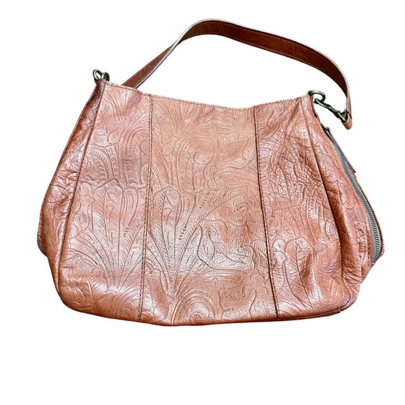 American Leather Co Handbag Shoulder Purse Brown Tooled Leather Bag Pockets - Picture 7 of 16